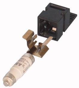 Fusible électronique avec support : Un fil de fusible céramique est monté dans un support à côté d'un connecteur enfichable.