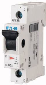 Un module de disjoncteur électrique blanc avec un interrupteur à bascule noir, des marquages rouges et bleus, comprenant des détails sur le type de produit et la marque.