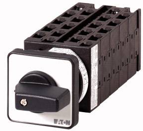 Un commutateur rotatif noir à plusieurs positions avec un marquage sur la face avant. Le commutateur comporte quatre rangées de contacts électriques.