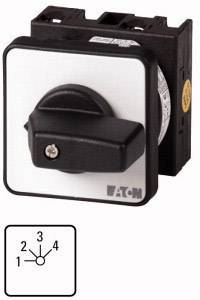 Commutateur rotatif noir et blanc à quatre positions, numéroté de 1 à 4, de la marque Eaton. Adapté pour le contrôle d'appareils électriques.