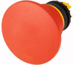 Grand bouton d'arrêt d'urgence rouge avec support jaune et noir, symbolisant l'arrêt ou la mesure de sécurité sur les machines.