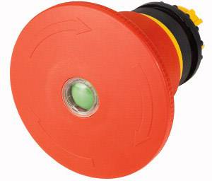 Grand bouton d'arrêt d'urgence rouge avec des symboles rotatifs et un point vert au centre, utilisé pour l'arrêt des machines.