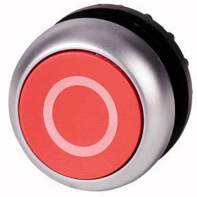 Bouton rond rouge dans un boîtier argenté, probablement un bouton d'arrêt d'urgence.