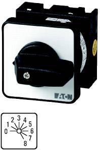 'Commutateur rotatif avec poignée noire, entouré d'aluminium anodisé. Le diagramme ci-dessous montre les réglages de 1 à 8 dans le sens des aiguilles d'une montre.'