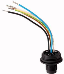 Un connecteur noir avec six fils sortants de différentes couleurs ; utilisé pour les connexions électriques.