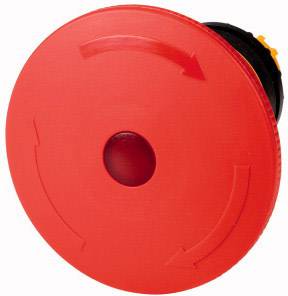 Un grand bouton d'arrêt d'urgence rouge avec deux flèches pointant vers la gauche, qui est enfoncé dans les situations d'urgence pour éteindre immédiatement des appareils.