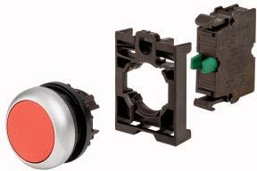 Un bouton-poussoir rouge, un cadre de maintien noir et un composant électrique avec un interrupteur vert. Assemblés, ils forment un interrupteur complet.