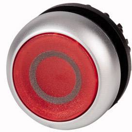 Un bouton rond rouge avec un bord argenté. Le bouton présente un motif pointillé au centre et semble être un bouton-poussoir.