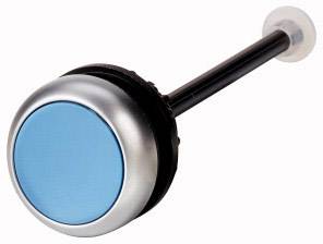 Un bouton rond bleu avec une tige noire et un bord argenté, probablement un déclencheur ou un poussoir.