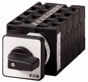 Interrupteur rotatif noir sur fond blanc, fabriqué par Eaton. Présente différents réglages sur la partie supérieure de l'interrupteur.