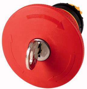 Un bouton d'arrêt d'urgence rouge avec une clé au centre, entouré de flèches indiquant le sens de rotation.