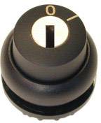 Un commutateur rotatif noir rond avec un marquage blanc, indiquant la position '0' pour Éteint.