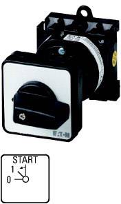 Interrupteur à trois positions : 0, 1, MARCHE. Bouton rotatif noir sur fond blanc. Adapté aux applications électriques.