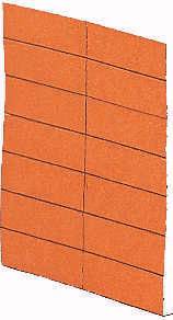 Mur de carreaux rouges de forme rectangulaire, vu en biais, composé de plusieurs carreaux disposés côte à côte et les uns sur les autres.