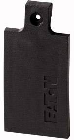 Porte-clés en plastique noir avec inscription 'EATON', de forme rectangulaire, percé en haut pour la fixation.
