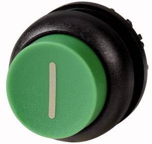 Un bouton-poussoir vert, rond, avec une ligne verticale blanche au centre, monté sur un support noir.