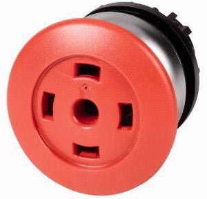 Grand bouton d'arrêt d'urgence rouge et rond en plastique, avec support noir.