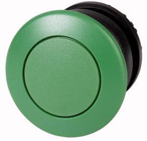 Un grand bouton-poussoir rond et vert sur un fond blanc, typique des commandes industrielles ou des panneaux de contrôle de machines.