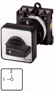 Un interrupteur rotatif noir avec un boîtier blanc présente deux positions '1' et '2'. Il est utilisé pour commander des circuits électriques.