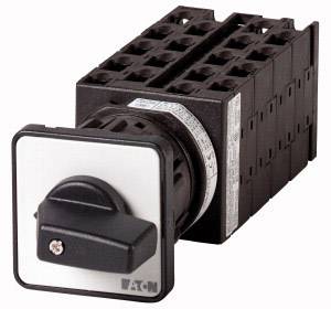 Interrupteur rotatif noir avec plaque rectangulaire et boîtier strié, marqué 'Eaton'.