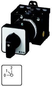 Commutateur rotatif avec positions 0, 1, 2. Levier noir sur fond blanc. Utilisé pour le contrôle des circuits électriques.