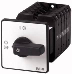 Un interrupteur rotatif carré avec marquage 'ON' et 'OFF', bouton de commande noir en position 'ON', sur un boîtier blanc.