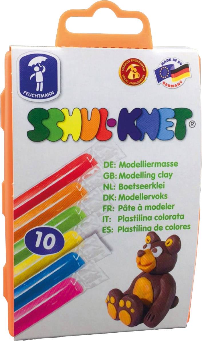 Boîte de pâte à modeler colorée avec un petit ours en exemple. Étiquettes en plusieurs langues. Contient 10 couleurs.