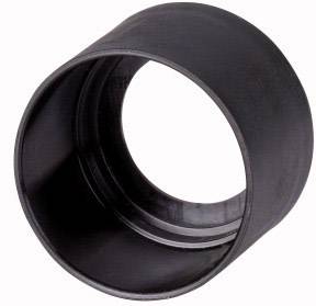 Un morceau de plastique noir cylindrique, probablement un raccord de tuyau ou un adaptateur, sur un fond blanc.
