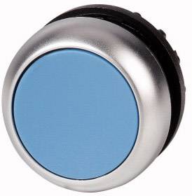 Un bouton rond argenté avec une surface bleue.