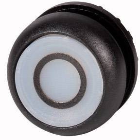 Bouton noir rond avec un cercle central blanc et bleu, probablement un interrupteur électronique ou un bouton de commande.