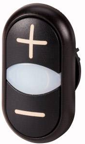 Interrupteur noir avec deux symboles verticaux : '+' en haut et '-' en bas, présentant un centre ovale blanc.