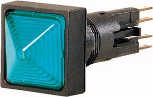 Un bouton-poussoir carré de couleur turquoise avec un boîtier noir et des connexions métalliques, représenté en perspective de côté.