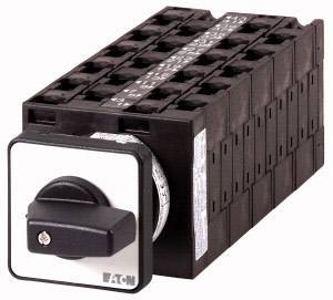 Commutateur rotatif multiposition avec poignée noire, monté sur un boîtier noir. Convient pour le contrôle d'appareils électriques.