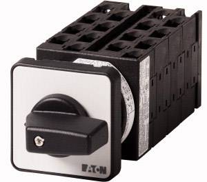 Commutateur rotatif avec poignée noire et plaque métallique, adapté aux applications industrielles, portant la marque 'Eaton' sur la face avant.
