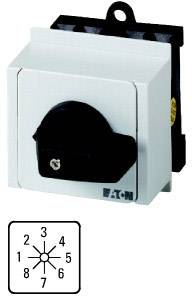 Un commutateur rotatif électrique d'Eaton avec des niveaux 0-1-2, monté sur une base blanche. Le diagramme montre le câblage des bornes 1-8.