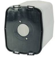 Une boîte en plastique rectangulaire avec une ouverture ronde au centre de la face avant noire, entourée de plusieurs points de fixation.
