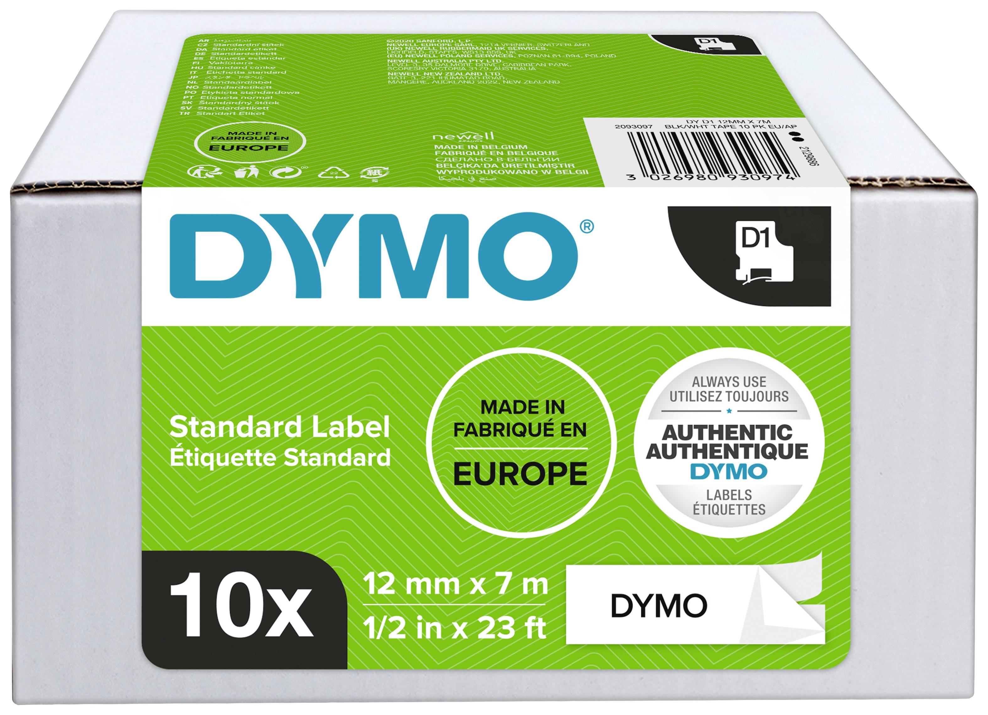 Un emballage vert d'étiquettes standard DYMO. Inscription : « Fabriqué en Europe », « Authentic Authentique DYMO », Taille : 12 mm x 7 m.