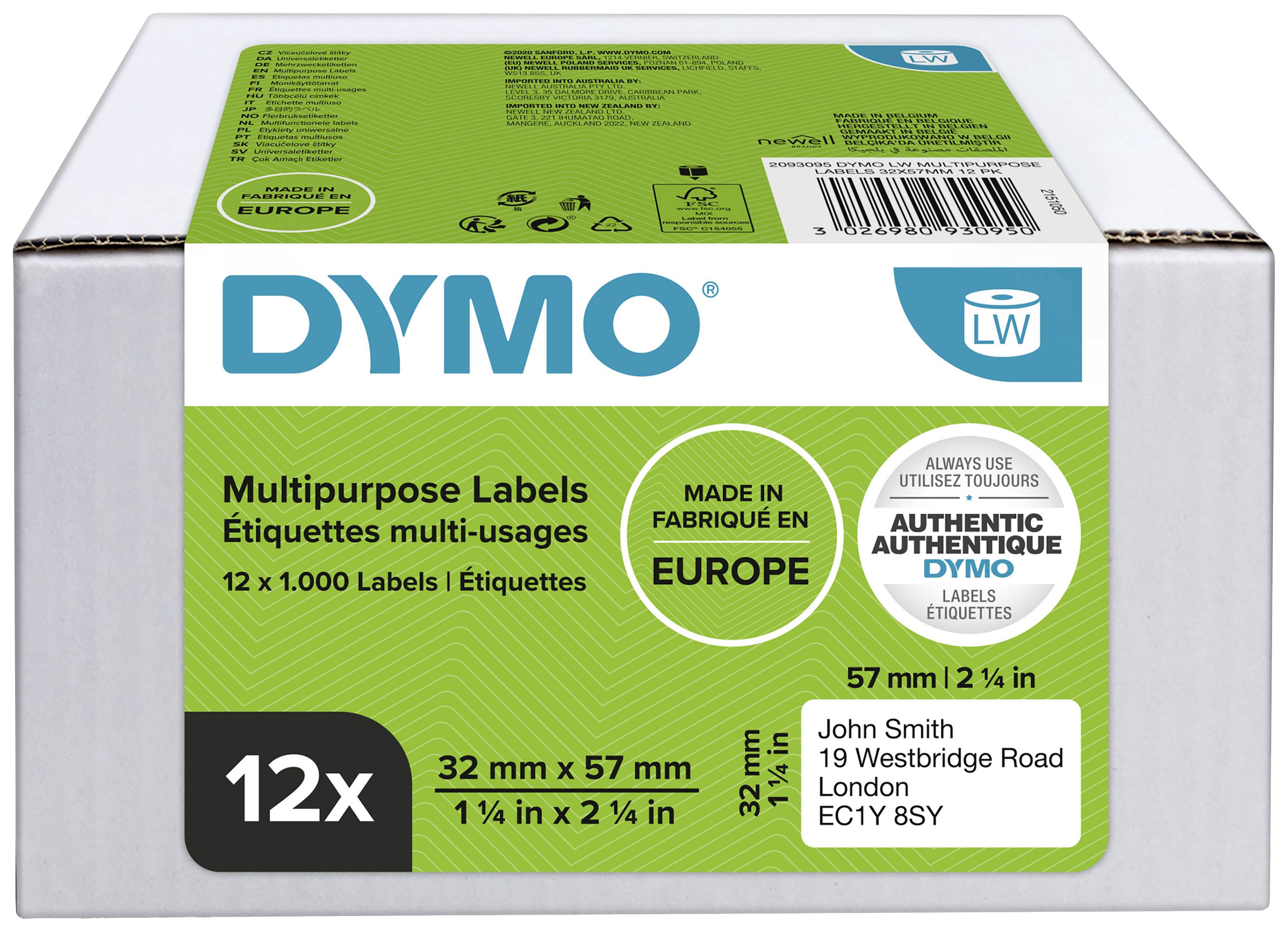DYMO Rouleau d'étiquettes pack bundle 2093095 2093095 57 x 32 mm papier blanc 12000 pc(s) fixation permanente Etiquette