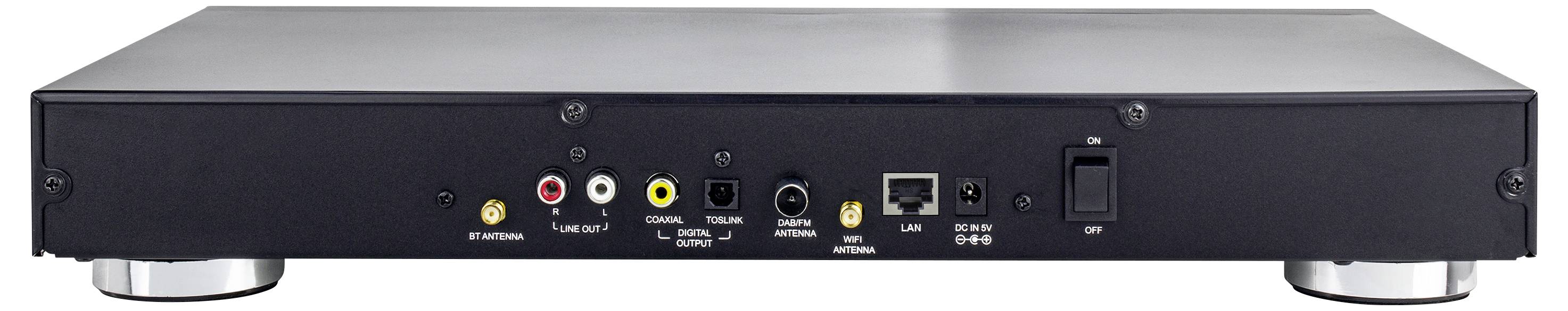 Vue arrière d'un appareil électronique avec antenne, ports Ethernet et audio, ainsi qu'une connexion d'alimentation.