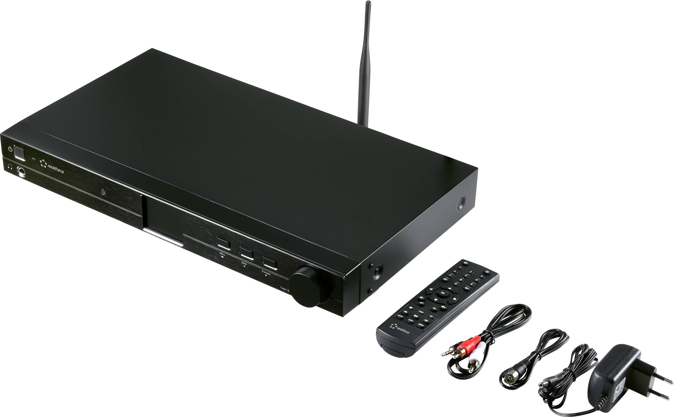 Lecteur multimédia noir avec télécommande, câbles audio et adaptateur secteur. Idéal pour les systèmes de divertissement domestique.