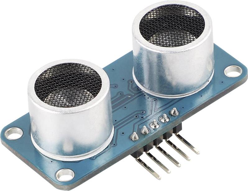 Capteur à ultrasons avec deux composants cylindriques sur un circuit imprimé bleu, souvent utilisé pour mesurer les distances dans des projets électroniques.