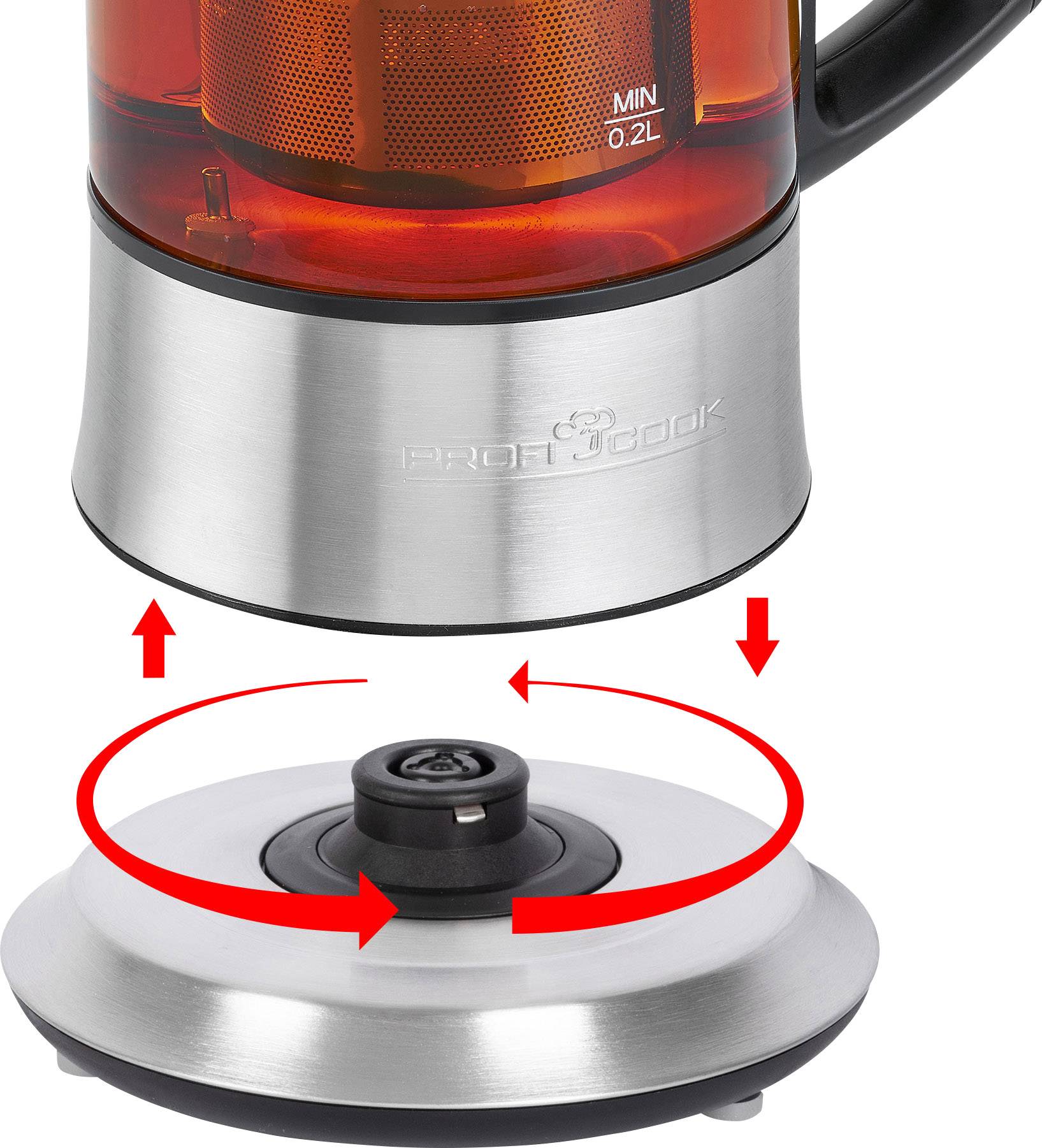 Théière avec boîtier en acier inoxydable et indicateur de niveau minimal de 0,2 litres. Socle amovible avec des flèches rouges montrant le mécanisme.