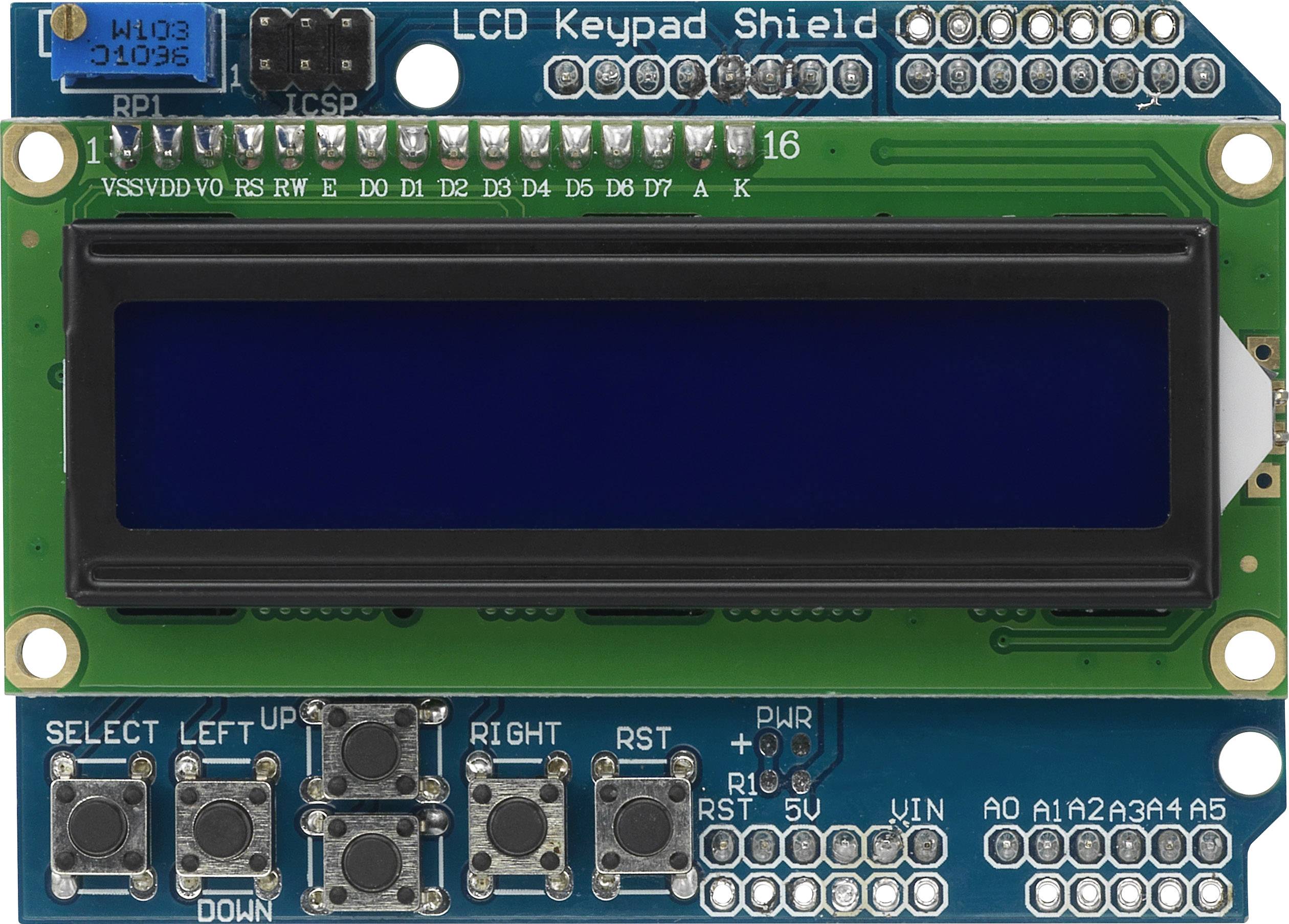 Bouclier de clavier LCD avec affichage bleu et touches de direction et de sélection, utilisé pour contrôler des projets Arduino.