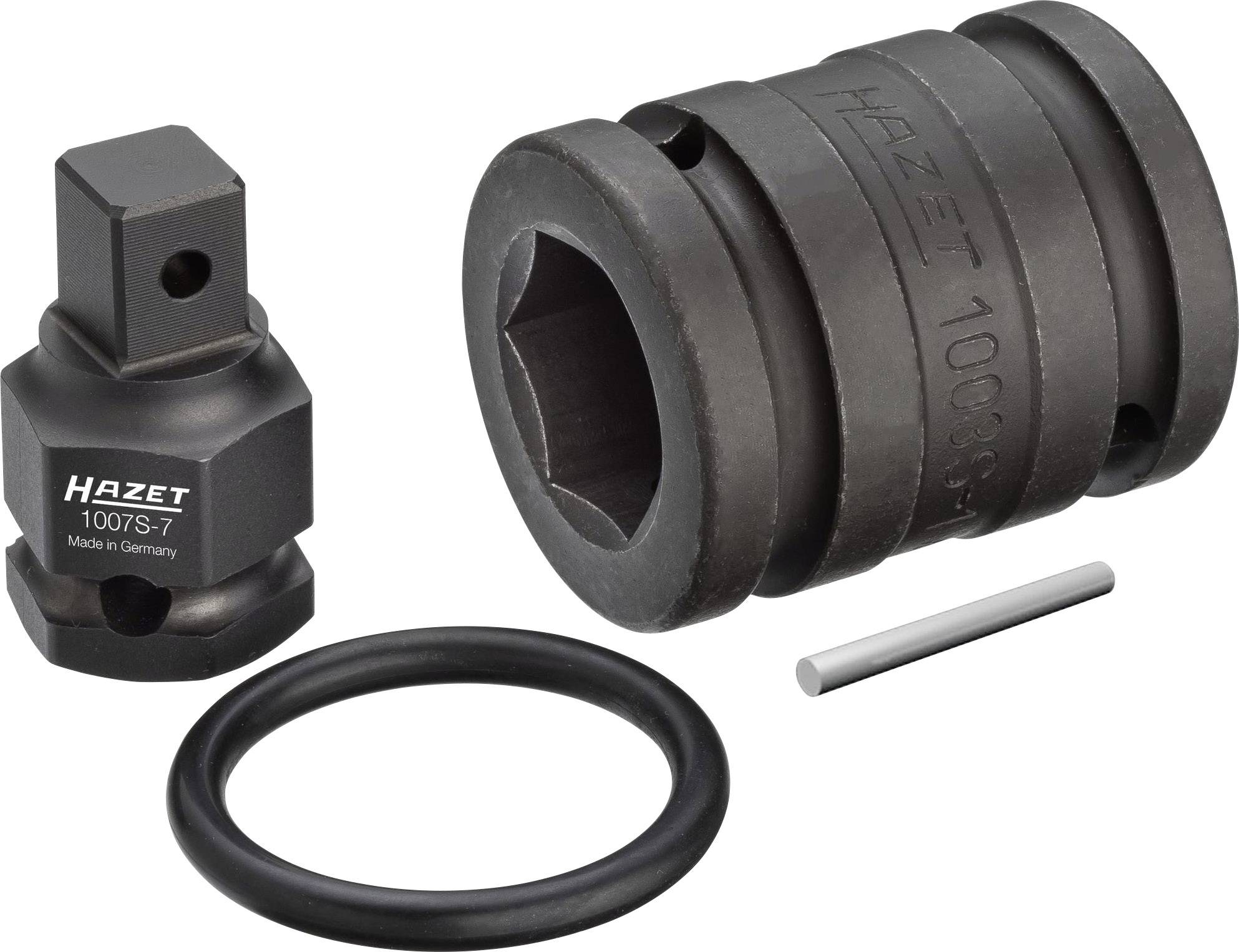 Adaptateur de connexion Hazet, composé d'un adaptateur, d'une douille, d'un joint torique et d'une goupille. Adapté aux outils professionnels.