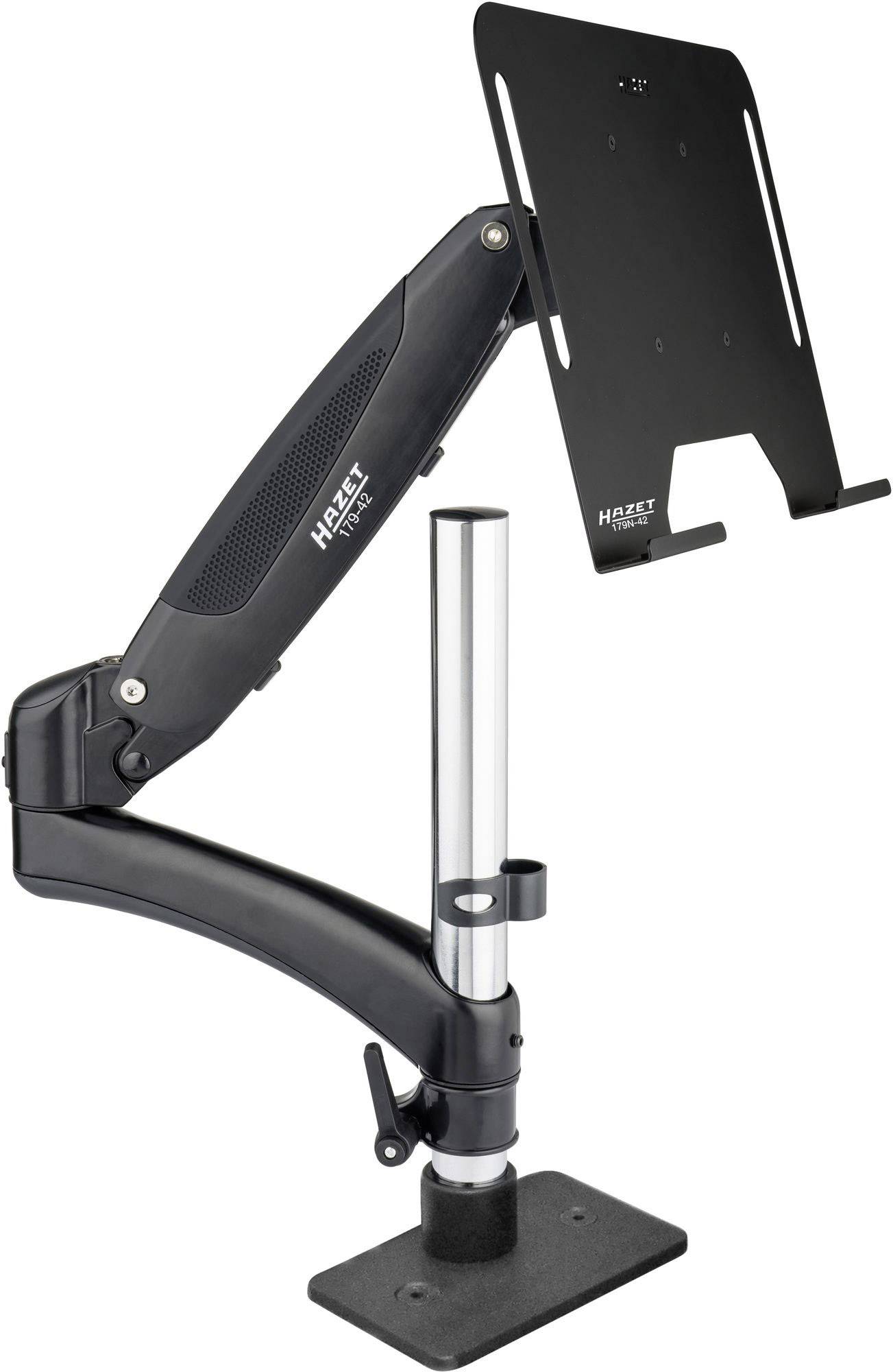 Un bras de moniteur réglable en hauteur en métal noir avec support, monté sur un socle stable.