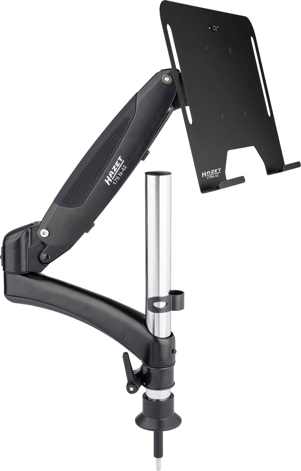 Support de tablette ajustable noir, à fixer sur un établi, adapté à différentes tailles de tablettes.
