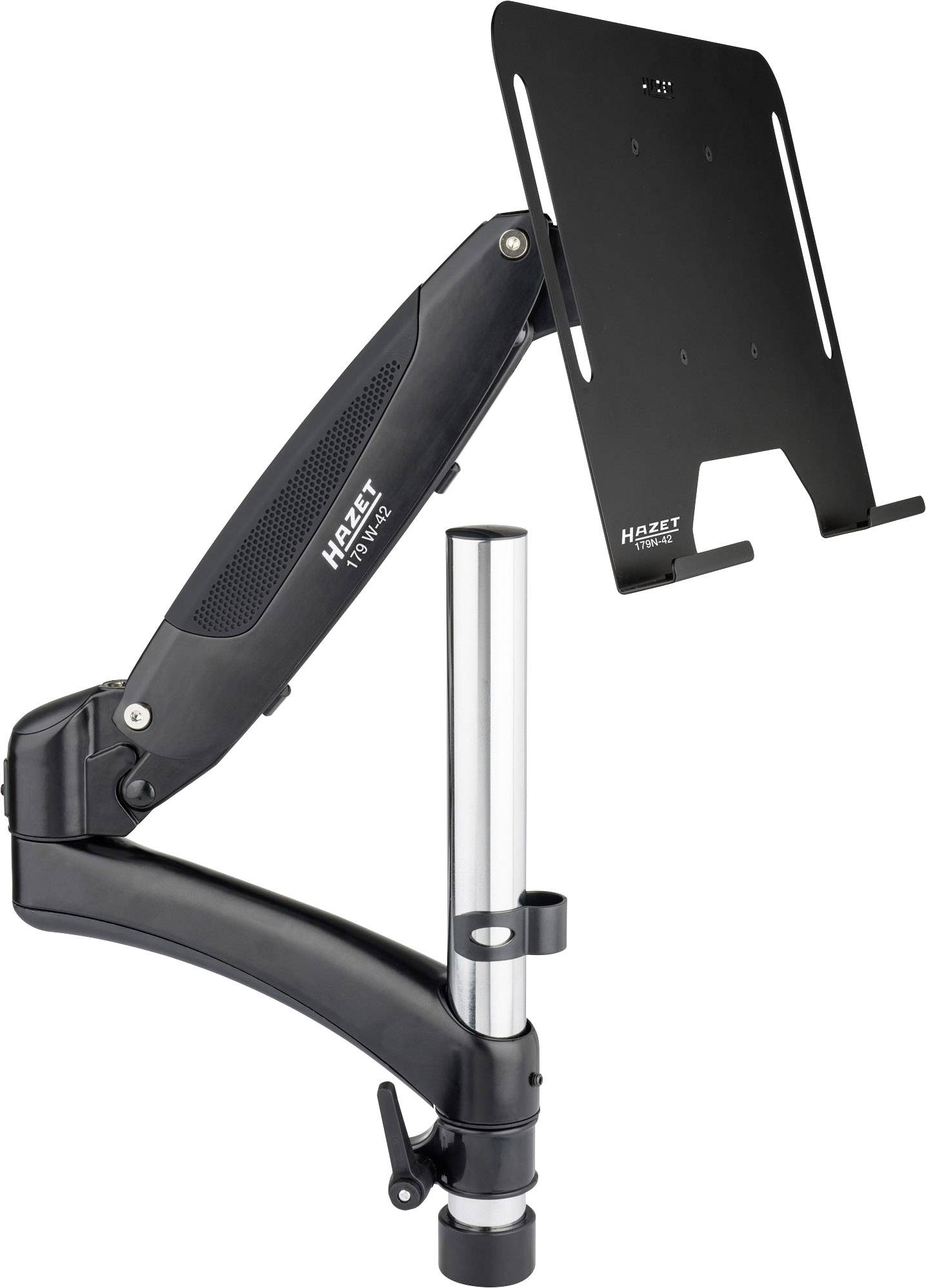 Support de moniteur avec bras ajustable et support pour ordinateur portable ou écran, en noir et argent, pour montage sur bureau.