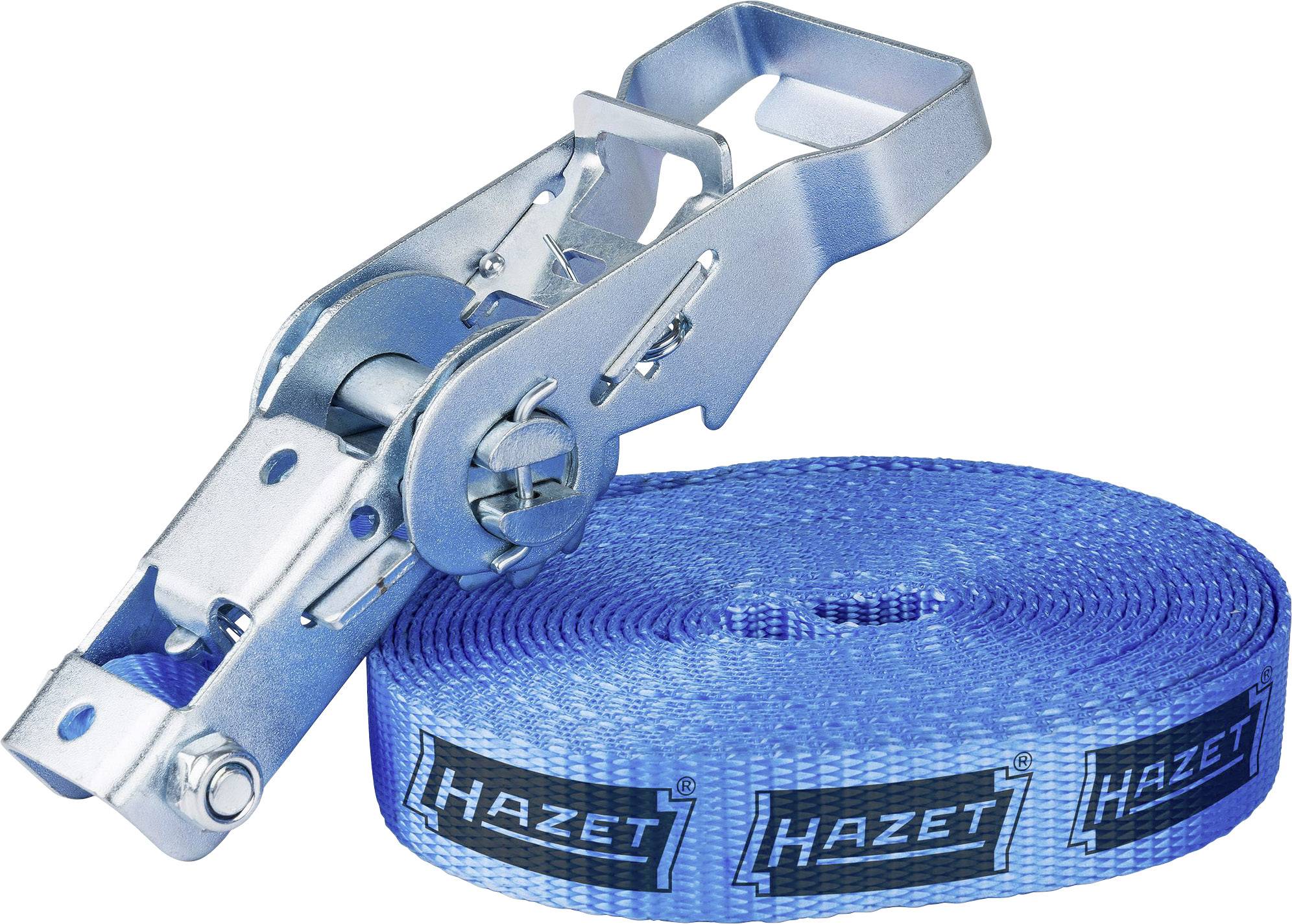 Une sangle de tension bleue avec un cliquet, portant l'inscription 'Hazet', est enroulée. Une boucle métallique de fixation est visible.