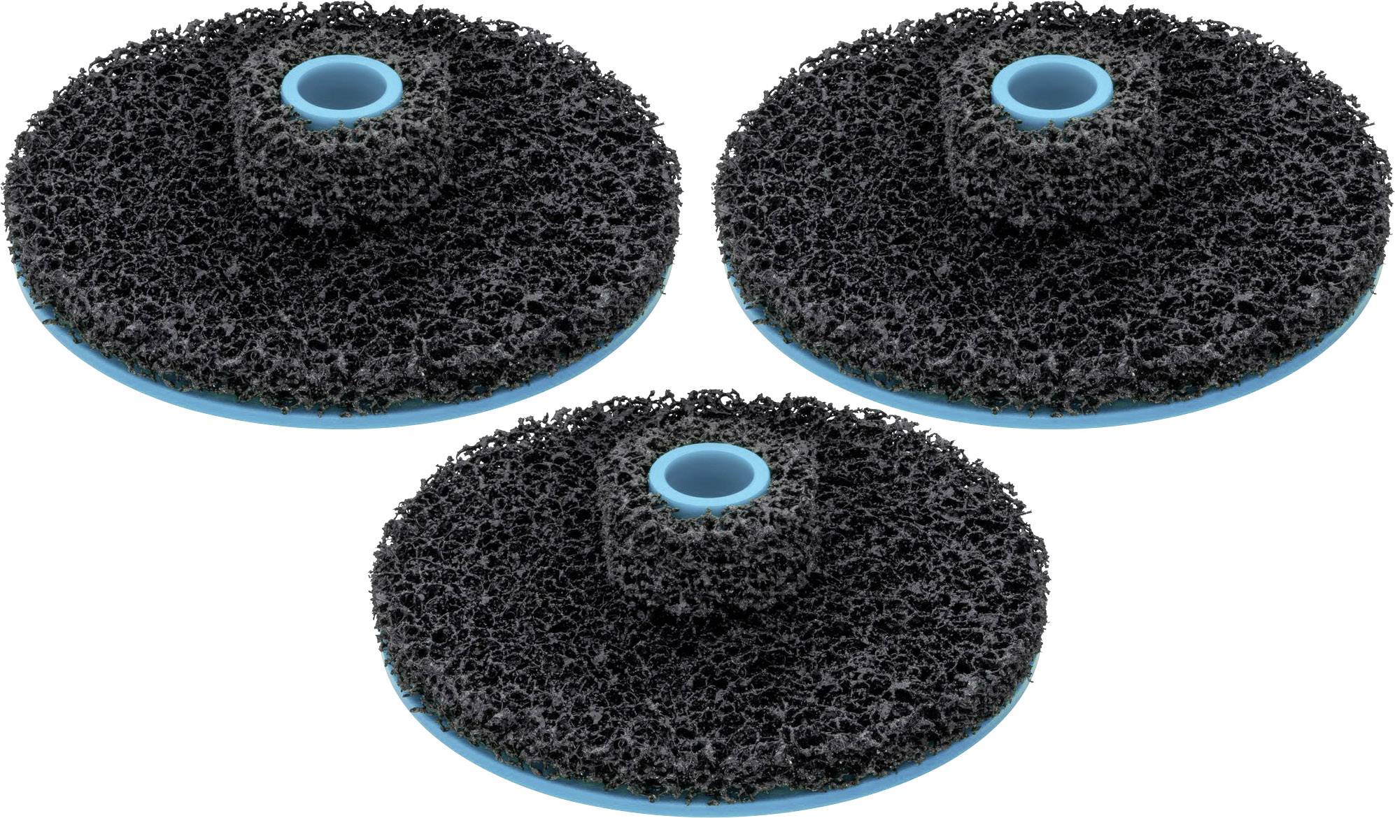 Trois tampons de nettoyage ronds noirs avec un revers bleu, utilisés pour des travaux de nettoyage.