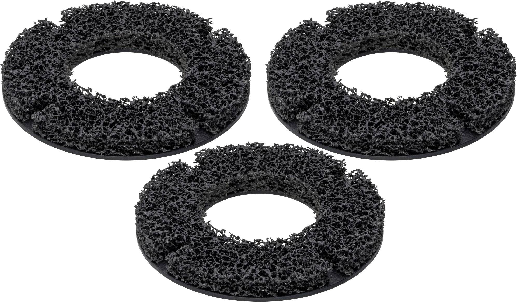 Trois disques abrasifs noirs, ronds, à surface rugueuse, disposés de manière uniforme sur un fond blanc.